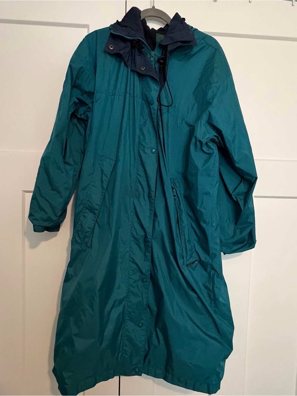 Vintage Cabela's Long Hooded Raincoat Duster Teal Green Navy Trim Sz Large
